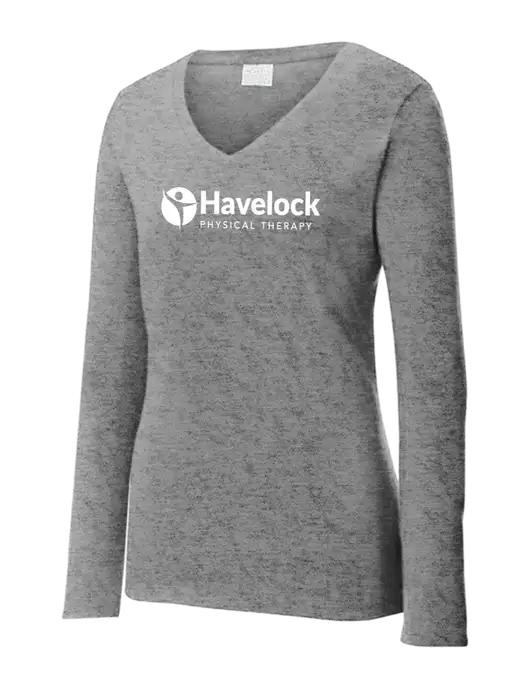 Womens  V-Neck Ring Spun Grey Heather 4.5 oz Long Sleeve T-Shirt w/Havelock Logo