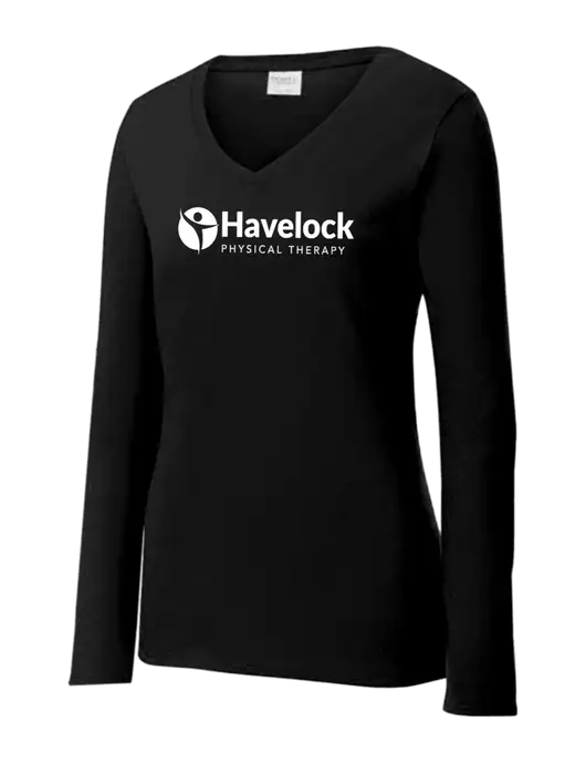 Womens V-Neck Ring Spun Jet Black 4.5 oz Long Sleeve T-Shirt w/Havelock Logo