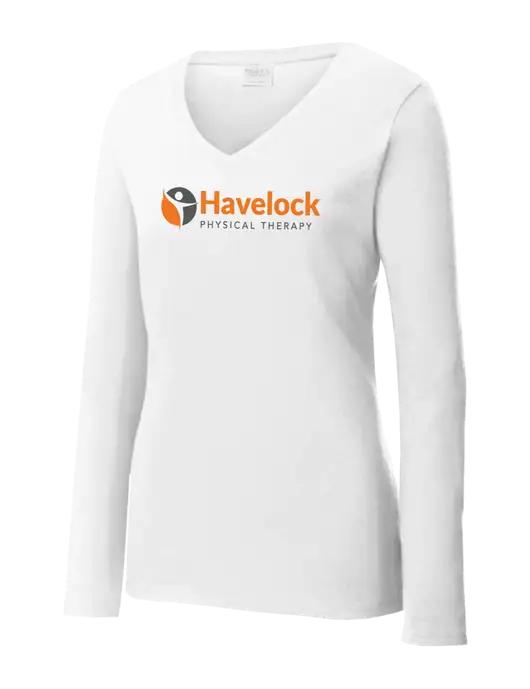 Womens  V-Neck Ring Spun White 4.5 oz Long Sleeve T-Shirt w/Havelock Logo