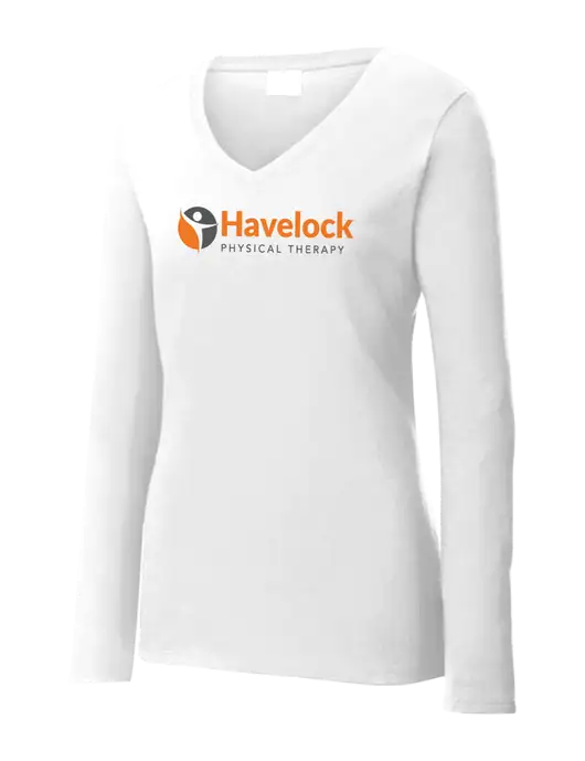 Womens  V-Neck Ring Spun White 4.5 oz Long Sleeve T-Shirt w/Havelock Logo
