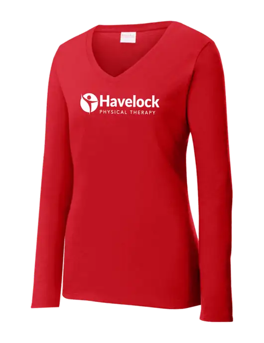 Womens  V-Neck Ring Spun Bright Red 4.5 oz Long Sleeve T-Shirt w/Havelock Logo