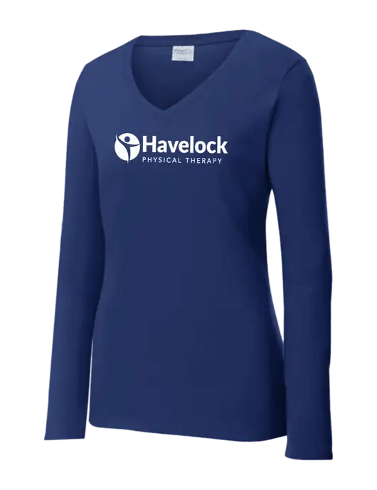 Womens  V-Neck Ring Spun Navy 4.5 oz Long Sleeve T-Shirt w/Havelock Logo