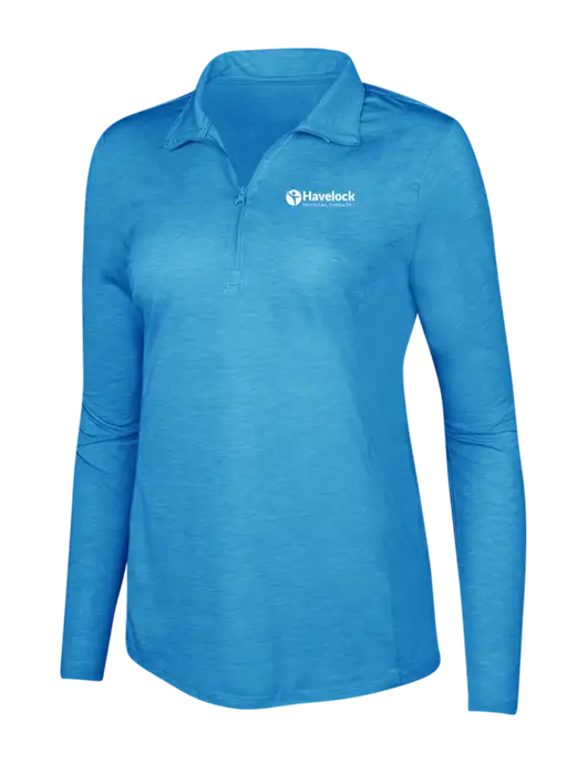 Light Blue Heather Womens Posicharge Tri-Blend Wicking 1/4 Zip Pullover w/Havelock Logo