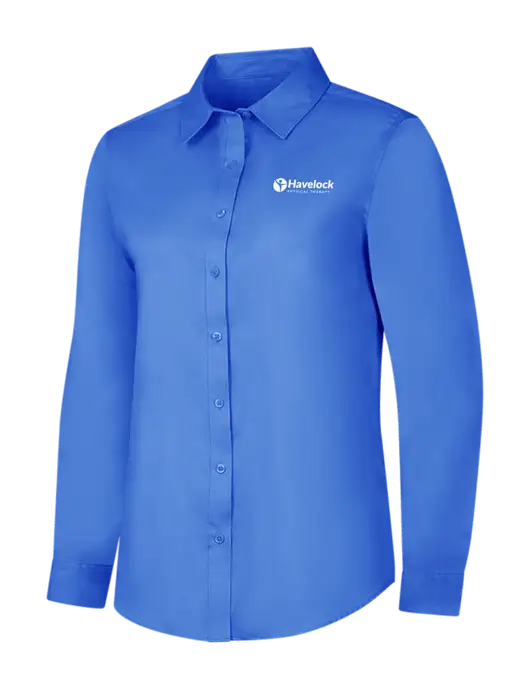 Dark Carolina Blue Womens Long Sleeve Superpro React Twill Shirt w/Havelock Logo
