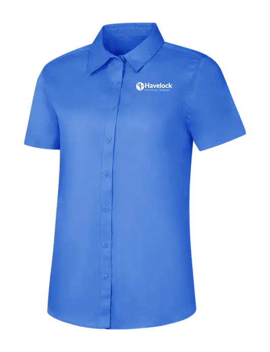 Womens Dark Carolina Blue Short Sleeve Superpro React Twill Shirt w/Havelock Logo