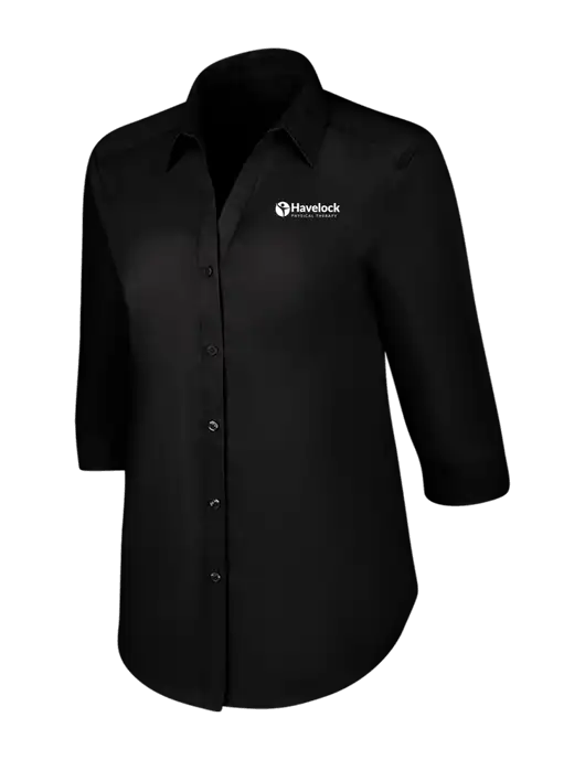 Womens Black 3/4 Sleeve Carefree Poplin Shirt w/Havelock Logo