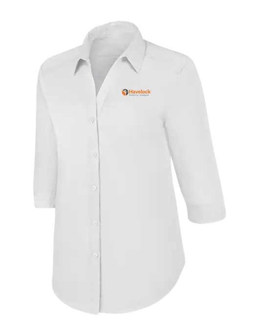 Womens White 3/4 Sleeve Carefree Poplin Shirt w/Havelock Logo
