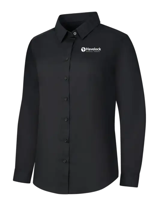 Womens Black Long Sleeve Carefree Poplin Shirt w/Havelock Logo