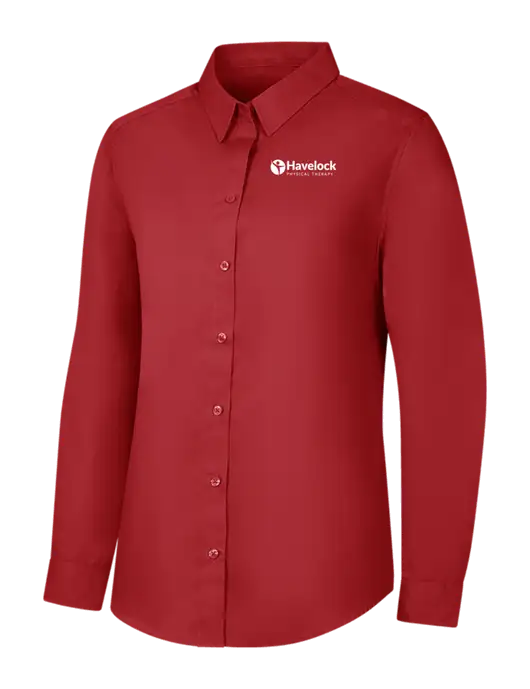 Womens Rich Red  Long Sleeve Carefree Poplin Shirt w/Havelock Logo