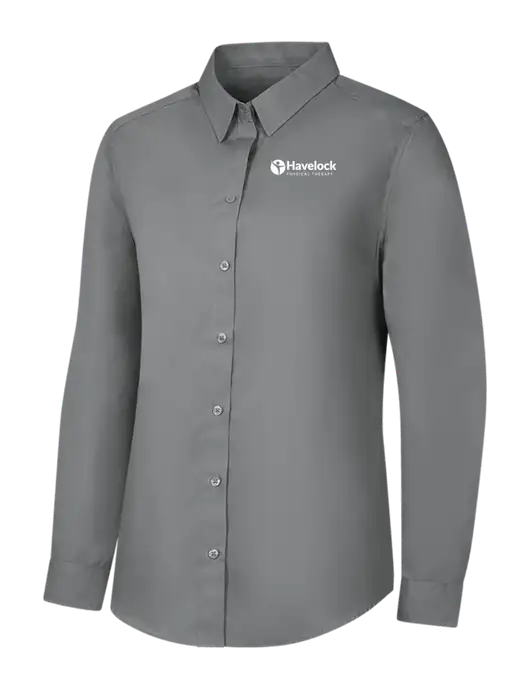 Womens Medium Grey Long Sleeve Carefree Poplin Shirt w/Havelock Logo