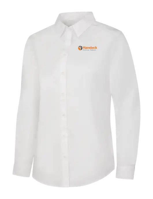 Womens White Long Sleeve Carefree Poplin Shirt w/Havelock Logo