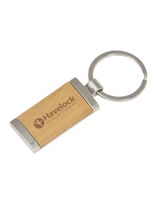 Wood & Silver Rectangle Keychain w/Havelock Logo