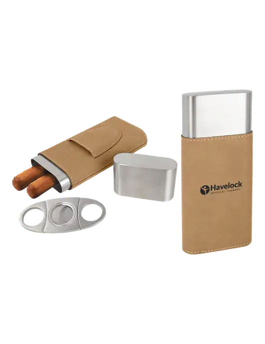 Tan Leatherette Cigar Case with Cutter w/Havelock Logo