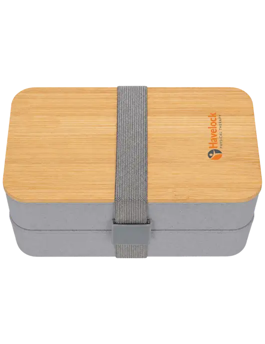 Double Decker Light Medium Grey Lunch Box w/Eco-Friendly FSC Bamboo Lid & Reusable Utensils w/Havelock Logo