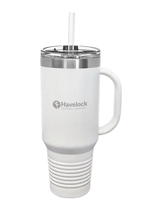 Polar Camel 40 oz. Powder Coated Vacuum Insulated White Travel Mug with Straw w/Havelock Logo