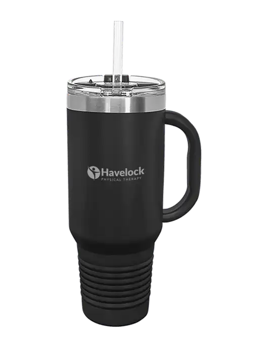 Polar Camel 40 oz. Powder Coated Vacuum Insulated Black Travel Mug with Straw w/Havelock Logo