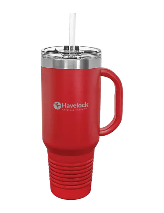 Polar Camel 40 oz. Powder Coated Vacuum Insulated Red Travel Mug with Straw w/Havelock Logo