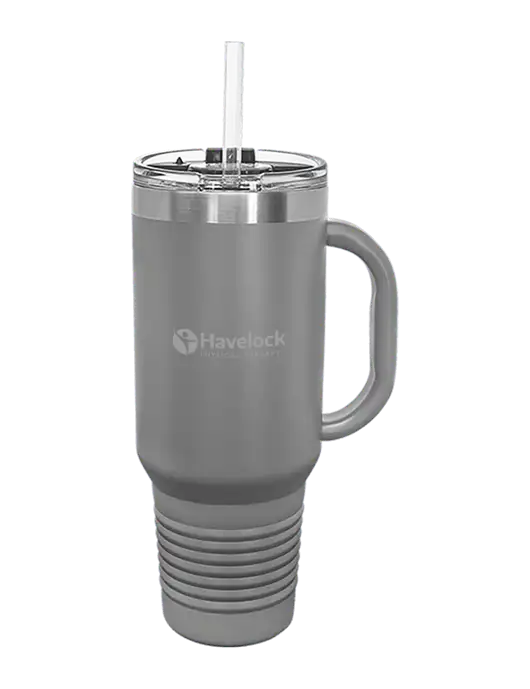 Polar Camel 40 oz. Powder Coated Vacuum Insulated Grey Travel Mug with Straw w/Havelock Logo