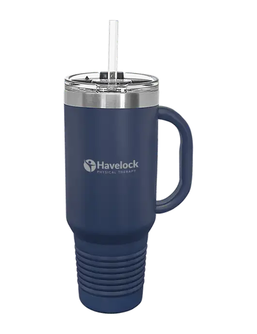 Polar Camel 40 oz. Powder Coated Vacuum Insulated Navy Travel Mug with Straw w/Havelock Logo