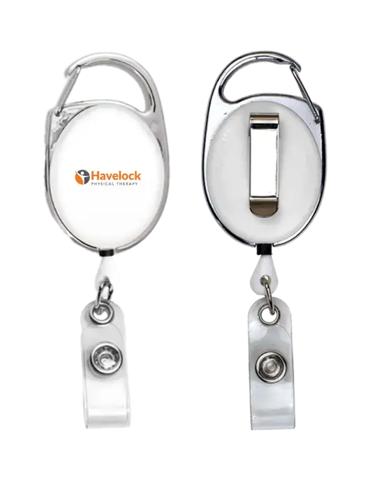 White Carabiner Style Badge Reel and Badge Holder w/Havelock Logo