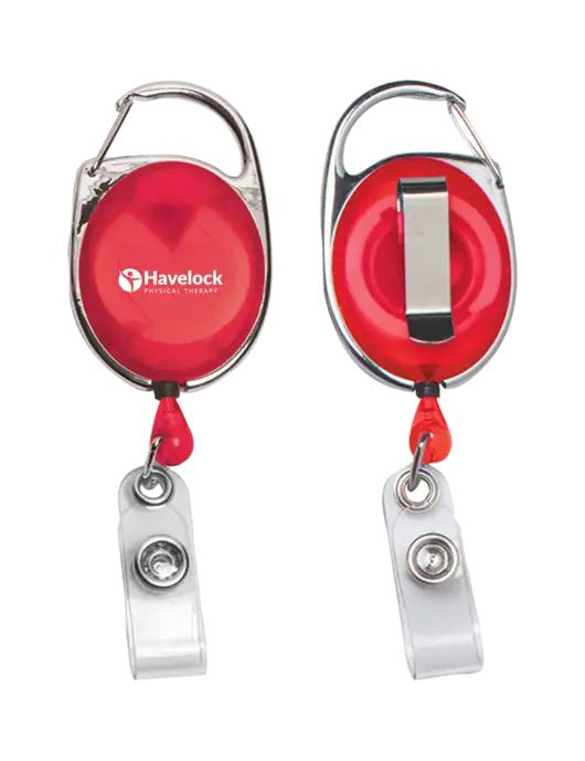 Red Carabiner Style Badge Reel and Badge Holder w/Havelock Logo