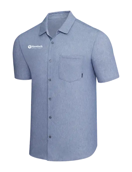 OGIO Slate Blue Heather Extend Short Sleeve Button Up Shirt w/Havelock Logo