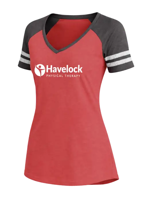 Womens Red Heather/Charcoal Heather V-Neck Game Tee w/Havelock Logo