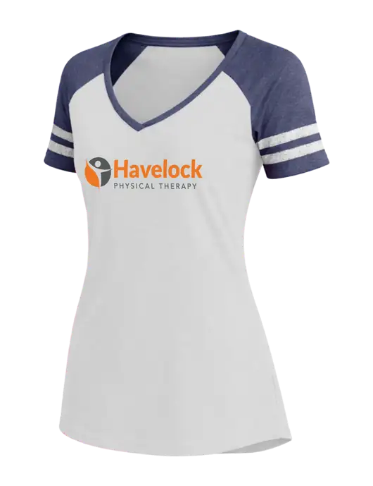Womens White/Navy Heather V-Neck Game Tee w/Havelock Logo