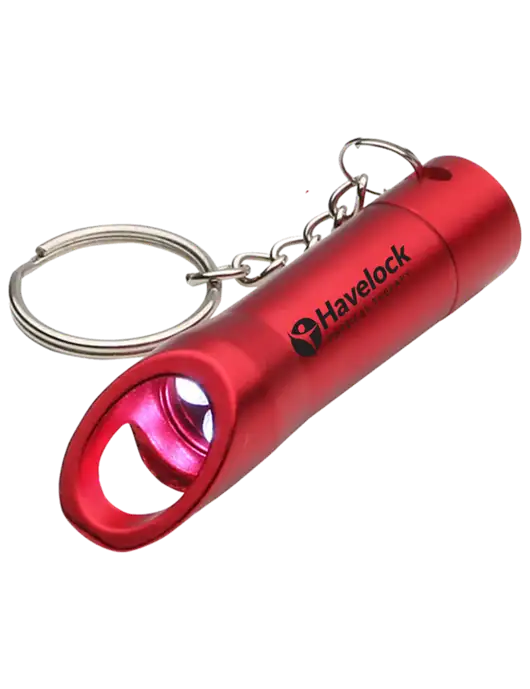 Red Pocket LED Flashlight with Bottle Opener & Keychain w/Havelock Logo