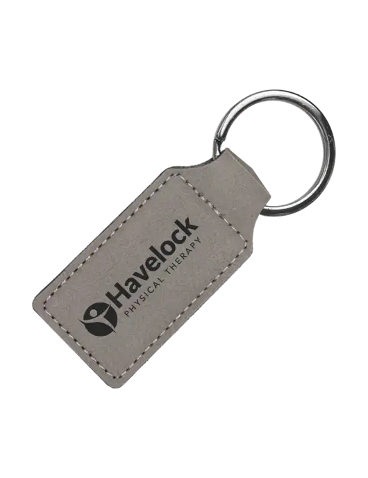 Grey Laserable Leatherette Rectangle Keychain w/Havelock Logo