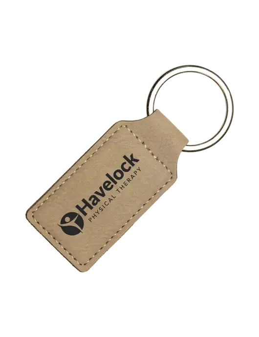 Tan Laserable Leatherette Rectangle Keychain w/Havelock Logo