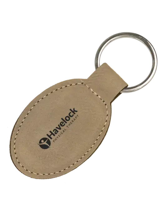 Tan Leatherette Oval Keychain w/Havelock Logo