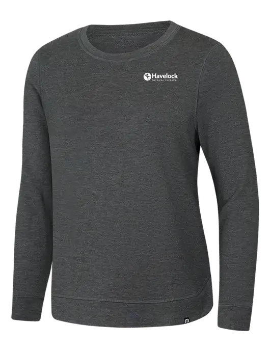 TravisMathew Womens Dark Grey Heather Lightweight Long Weekend Crew w/Havelock Logo