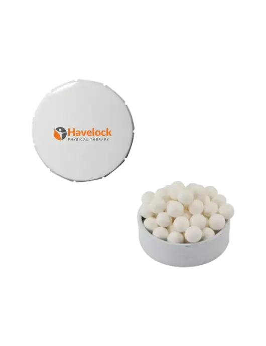 Signature Peppermints In White Snap Top Tin  w/Havelock Logo