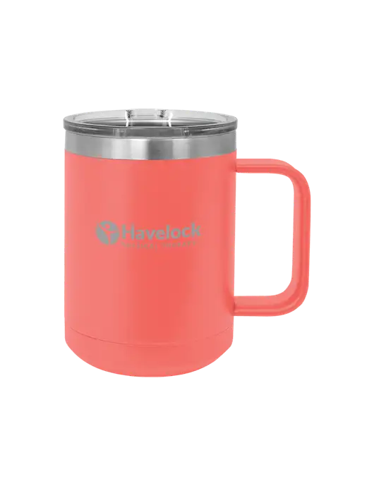 Polar Camel 15 oz Powder Coated Coral Vacuum Insulated Mug with Slider Lid w/Havelock Logo