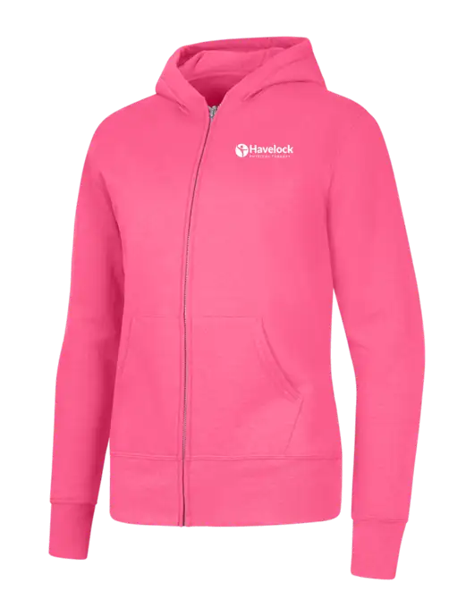 Neon Pink Womens Core Fleece Full-Zip Hooded Sweatshirt w/Havelock Logo