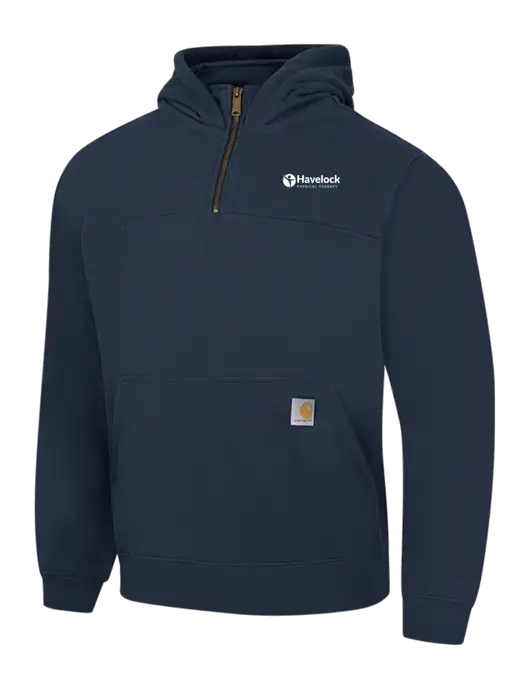 Carhartt Navy Rain Defender Paxton Heavyweight Hooded 1/4 Zip Mock Sweatshirt w/Havelock Logo