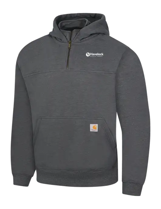 Carhartt Dark Grey Heather Rain Defender Paxton Heavyweight Hooded 1/4 Zip Mock Sweatshirt w/Havelock Logo