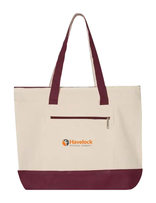 Natural/Maroon Zippered Tote  w/Havelock Logo