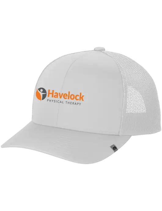 TravisMathew White Cruz Trucker Cap w/Havelock Logo