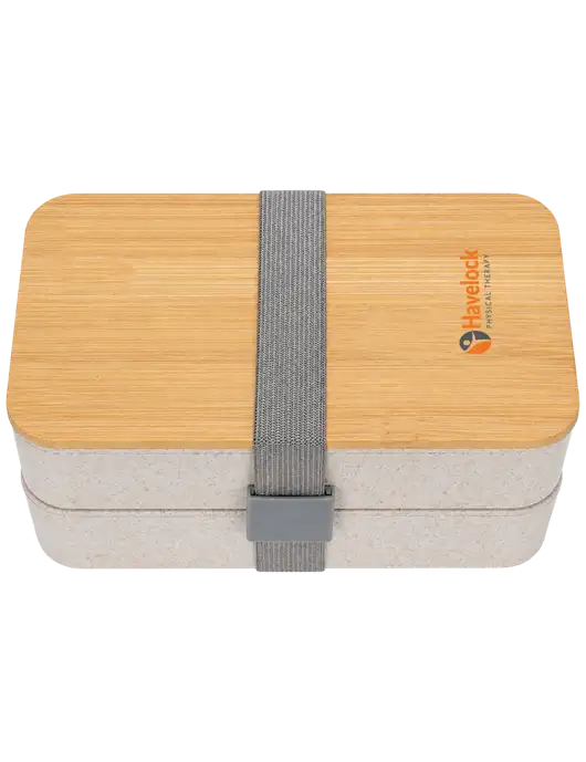 Double Decker Natural Ivory Lunch Box w/Eco-Friendly FSC Bamboo Lid & Reusable Utensils w/Havelock Logo