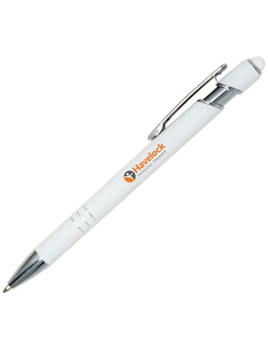 White Cosmo Glide Stylus Pen - Black Ink w/Havelock Logo