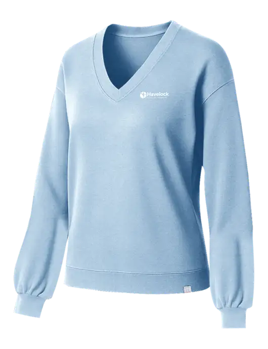 TravisMathew Womens Long Weekend Light Blue Heather V-Neck
 w/Havelock Logo