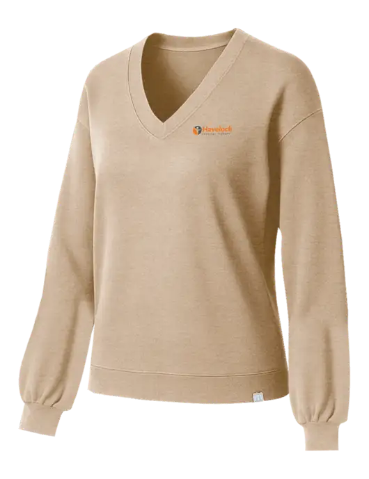 TravisMathew Womens Long Weekend Tan Heather V-Neck
 w/Havelock Logo
