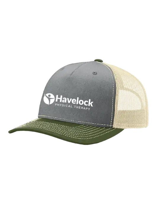 Richardson Five-Panel Trucker Olive/ Light Grey Heather w/Tan Mesh Cap  w/Havelock Logo