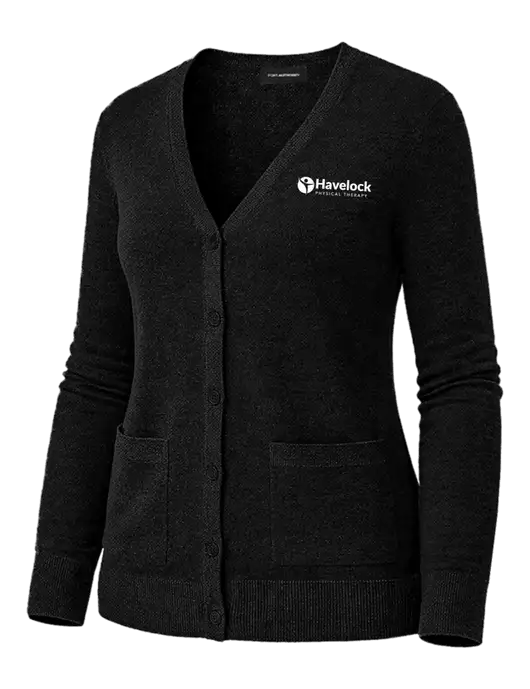 Womens Black Washable V-neck Cardigan Sweater w/Havelock Logo