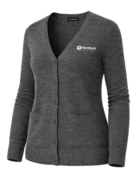 Womens Charcoal Heather Washable V-neck Cardigan Sweater w/Havelock Logo