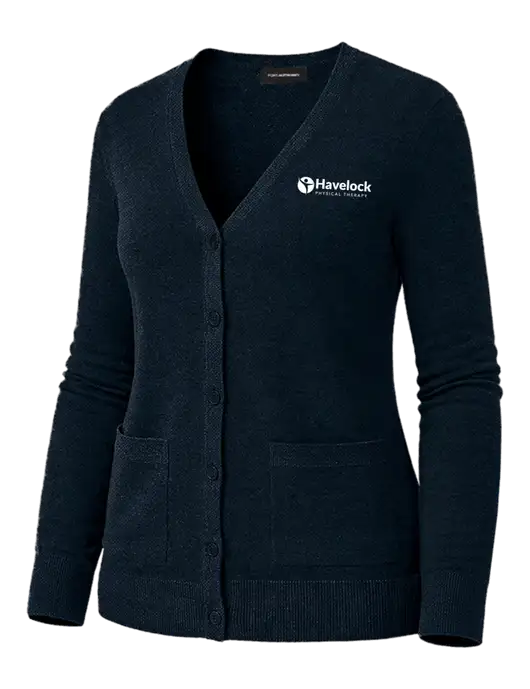 Womens Dark Navy Washable V-neck Cardigan Sweater w/Havelock Logo