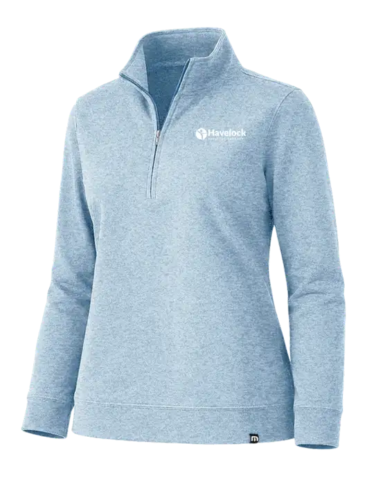 TravisMathew Womens Coveside Light Blue Heather 1/2 Zip w/Havelock Logo